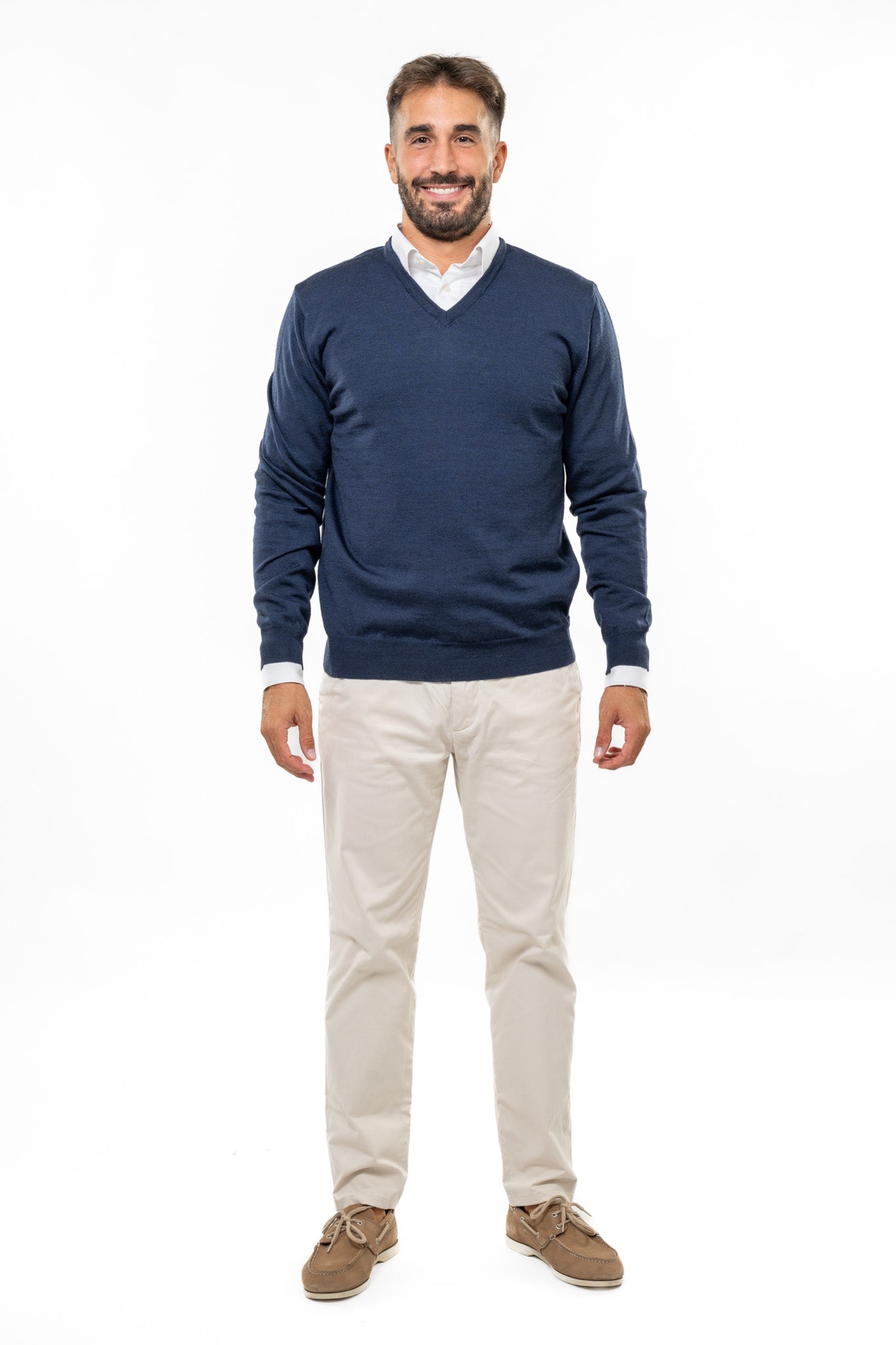 Scollo a V in Lana Merinos Blue Navy