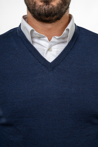 Scollo a V in Lana Merinos Blue Navy