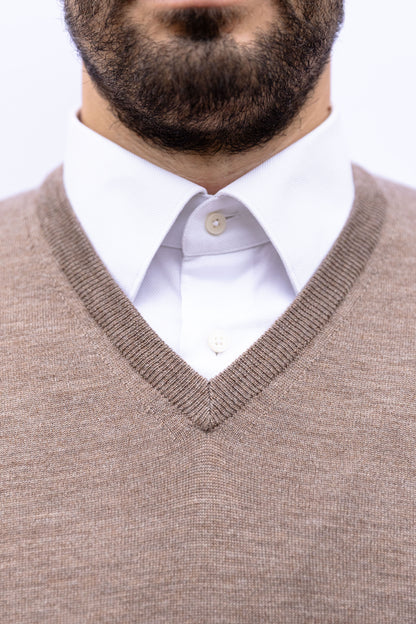 Scollo a V in Lana Merinos Beige