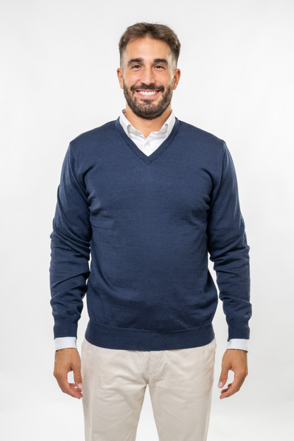 Scollo a V in Lana Merinos Blue Navy