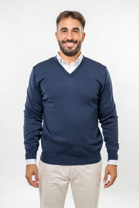 Scollo a V in Lana Merinos Blue Navy
